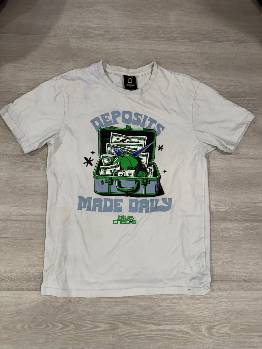 Overtime mens size medium White Graphic Tee - "Deposits Made Daily"